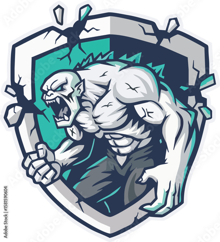 A fierce, muscular creature bursts through a cracked, protective shield.