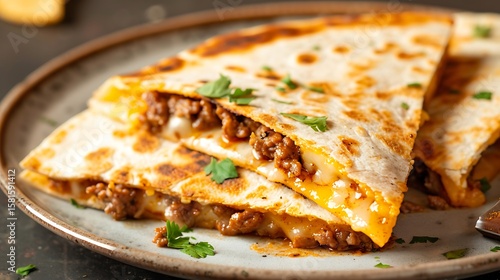 Delicious ground beef and cheese quesadillas garnished with fresh cilantro