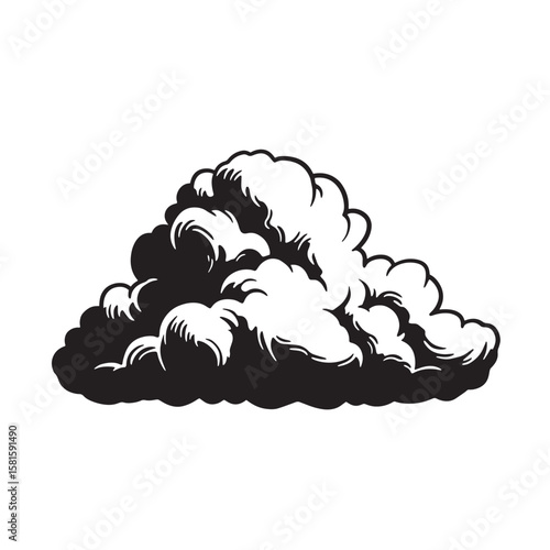 Detailed black and white vector illustration of a cumulus cloud isolated on white background