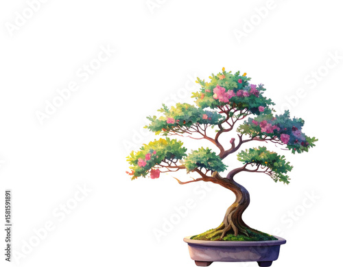  Top-Down Gouache Illustration of Bonsai Tree Silhouette in Arch Window with Warm City Sunset, Transparent PNG