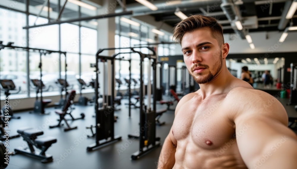 Fototapeta premium Confident Muscular Man Taking Selfie