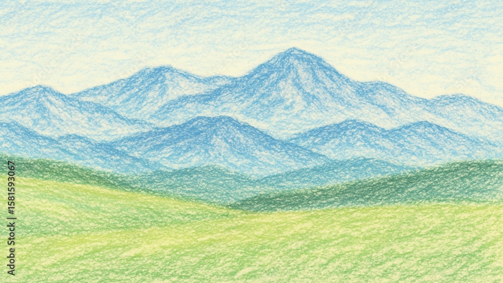 Fototapeta premium 春から夏にかけての山々の風景のクレヨン画(16:9 横長バナー コピースペース)