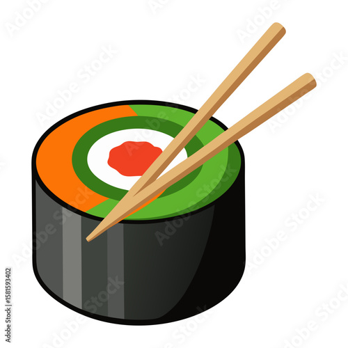 A colorful, stylized illustration of a sushi roll, likely a maki, with green, orange, and white fillings, a red center, and two wooden chopsticks resting on top.