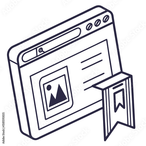 illustration of a modern digital webpage browser interface displaying a content layout with media and textual elements in minimal line art style