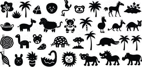 Vector art of a diverse collection of black animal and nature silhouettes on a white background.