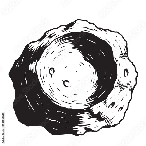 Hand drawn illustration of a lunar surface impact crater in a vintage woodcut style