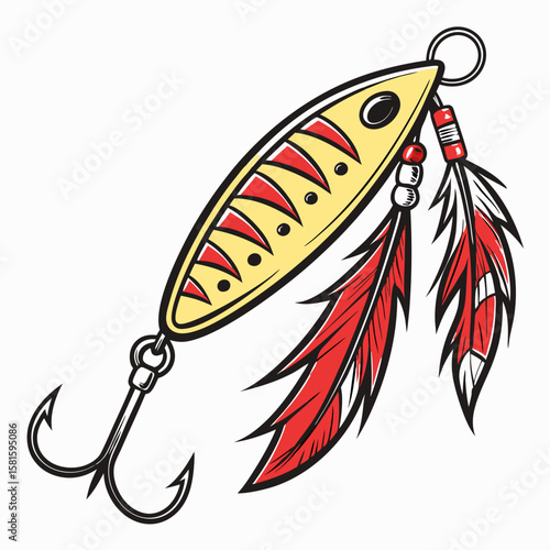 Colorful fishing lure with red feathers and sharp hooks designed for attracting fish in freshwater and saltwater environments