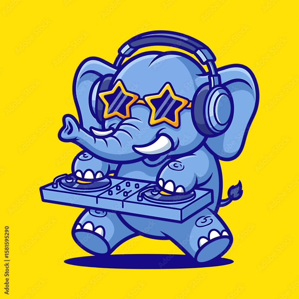 Obraz premium Cool Blue Elephant DJ Mixing Music Cartoon Character Illustration