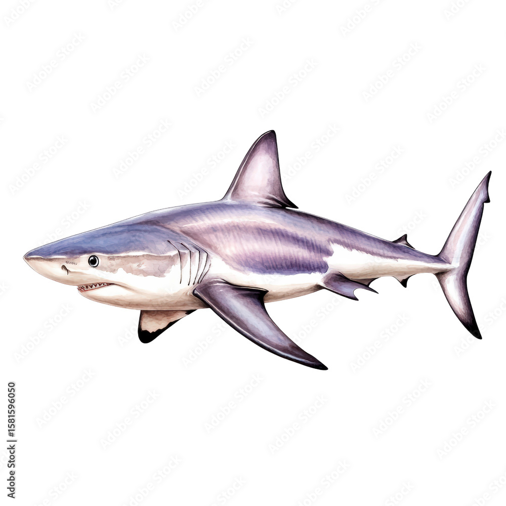 Fototapeta premium Realistic detailed illustration of a shark swimming, showing streamlined body and fins for marine wildlife depiction