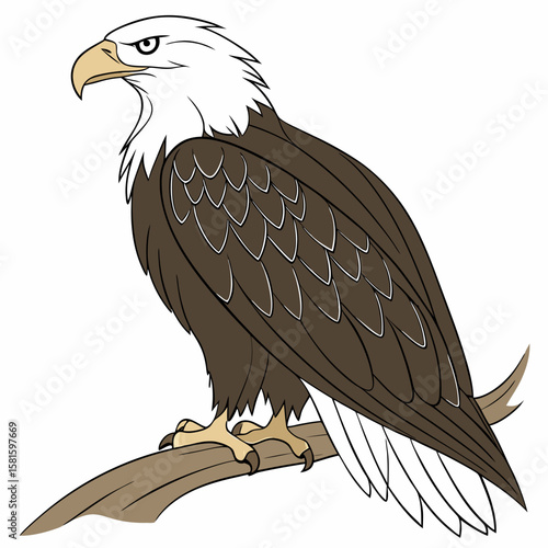 Detailed Illustration of a Majestic Bald Eagle Perched on a Branch Emphasizing Its Strength and Regal Demeanor with Sharp Features and Distinctive
