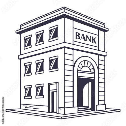 Modern multi-story bank building with classic architectural elements and prominent signage representing financial institutions in urban environments