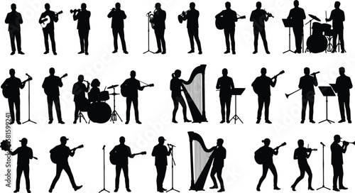 Silhouette of musicians playing instruments, guitar, violin, drums, trumpet, harp, singing, performing on stage, band concert vector illustration