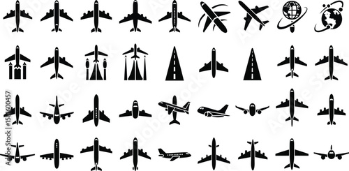 Airplane silhouettes showcase aviation transportation in black and white