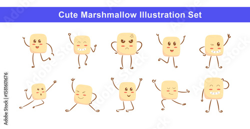Cute Marshmallow Characters Pack with Various Expressions. Vector Ilustration Set

