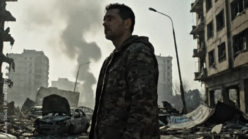 custom made wallpaper toronto digitalMan standing in war-torn city ruins with smoke and destruction