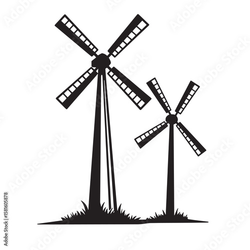 Simple black and white illustration of two windmills with grass on a white background