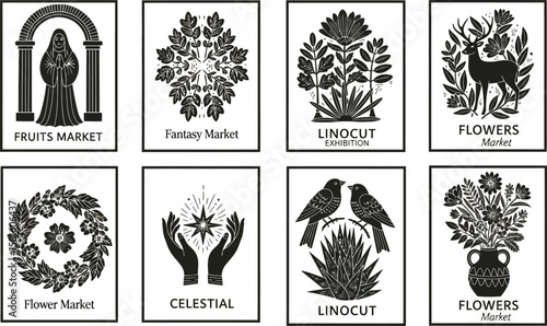 Set of botanical linocut style posters with markets and celestial designs