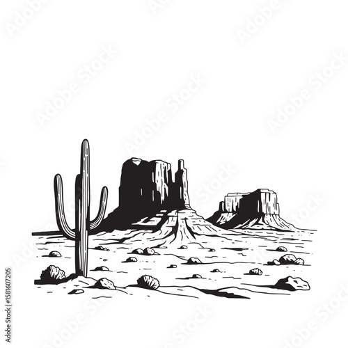 Vector illustration depicting a southwestern desert landscape with iconic monument valley features