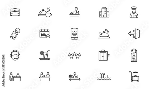 Hotel Hospitality Service Outline Icons for Travel and Lodging