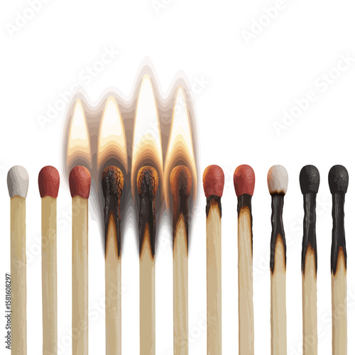 Row of matches with some burning and others unlit on white background
