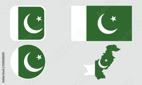 A set of Pakistan flag icons. A set of flags in square, rectangular, round and map shapes. Flag icons.	