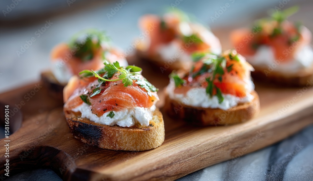 Smoked salmon and cream cheese bruschetta on a wooden board Smoked salmon and cream cheese bruschetta on a wooden board