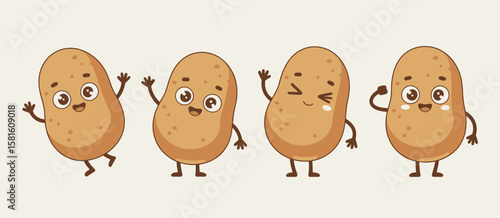 Four happy cartoon potatoes with arms and legs waving and smiling