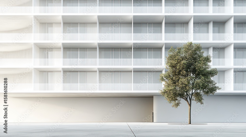 Fototapeta premium Minimalist Modern Architecture: A Single Tree's Contrast Against a Pristine White Building