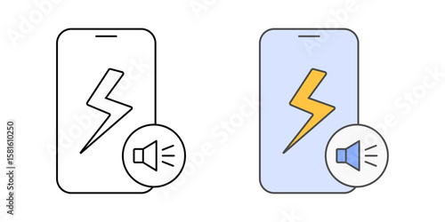 Flash alerts for sound icon with smartphone, lightning bolt, and sound symbol, ideal for visual notifications, hearing accessibility, and assistive alert features.
