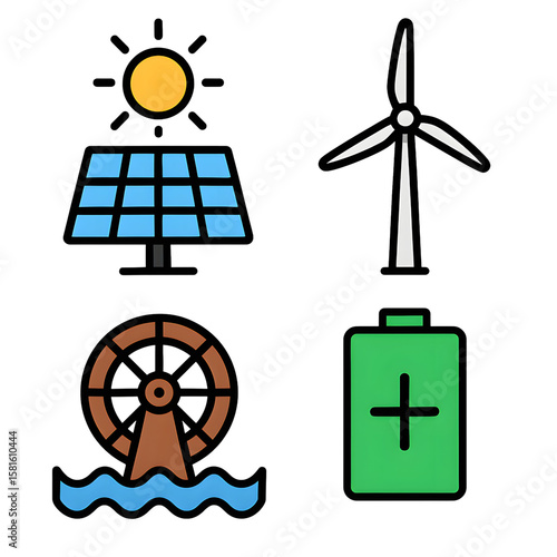 Wallpaper Mural Renewable Energy Icons Illustrating Solar Power, Wind Energy, Hydropower, and Energy Storage Solutions in Modern Green Technology Torontodigital.ca