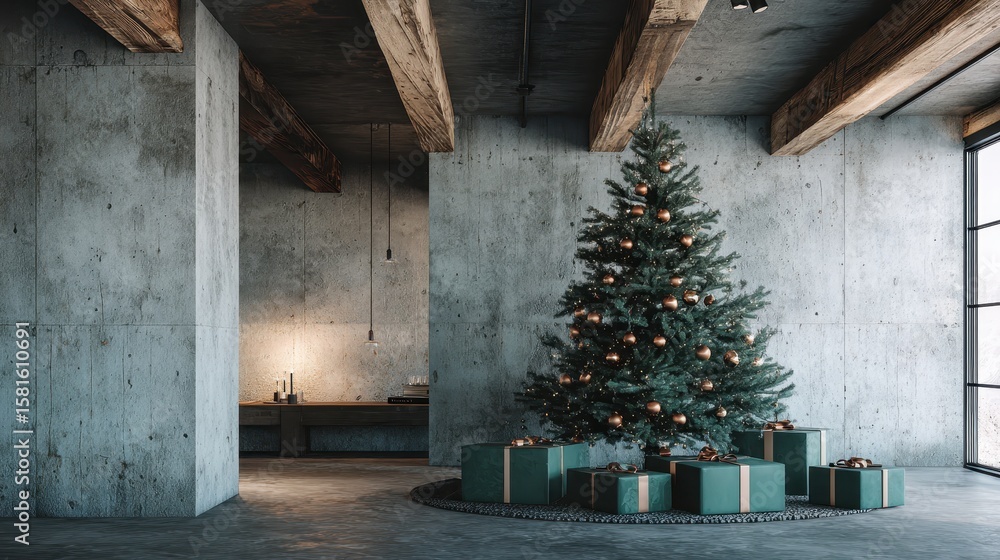 Obraz premium Forest Green Christmas Tree in Industrial Loft With Concrete Backdrop and Copper Wrapped Gift Boxes – Minimal Holiday Design