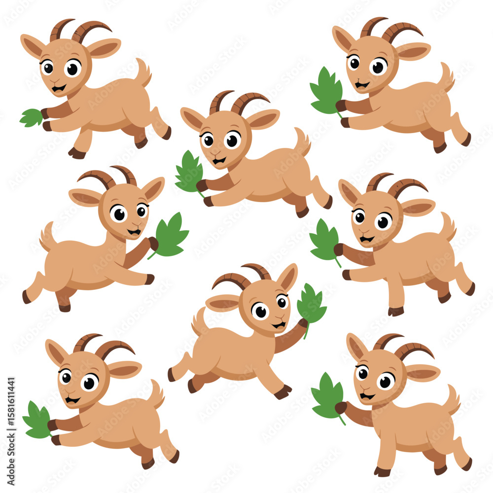 Fototapeta premium Cute cartoon baby goats with horns and leaves in their paws