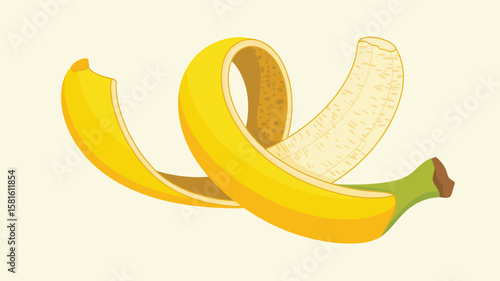 Creative illustration of a peeled banana with its skin artfully arranged