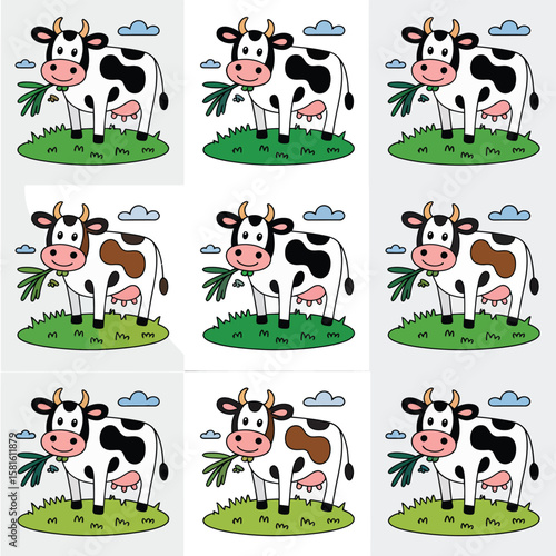Cute cartoon cows grazing in a green field with blue clouds