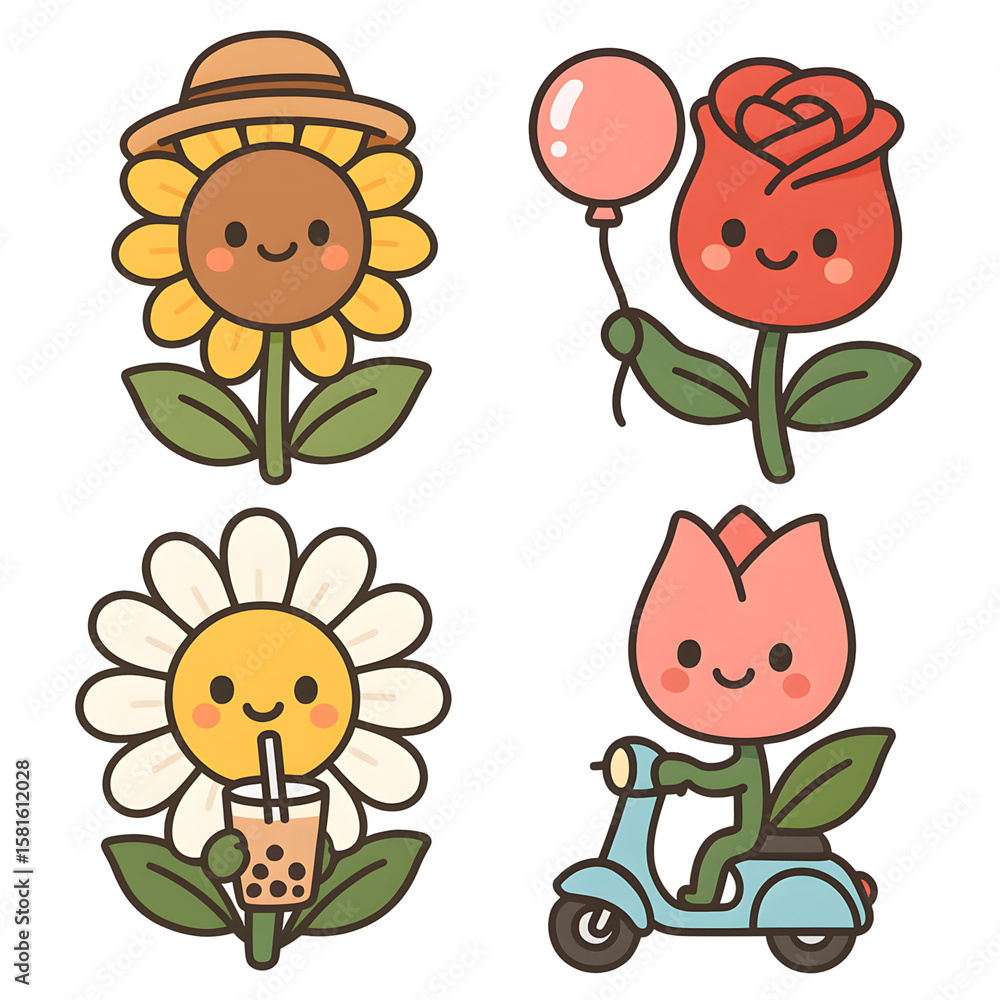 Fototapeta premium Cute Clip Art Collection, Printable Vector Clip Art Set, Cute and Colorful Cartoon Flowers with Happy Faces, Balloons, and a Scooter for Playful Spring or Summer Illustrations