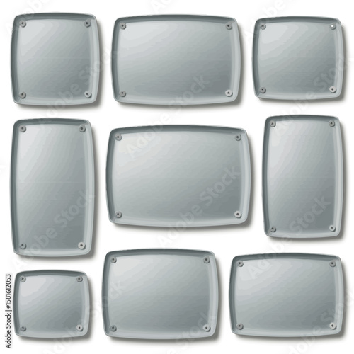 Collection of nine blank frosted glass panels with rounded corners and screw mounts