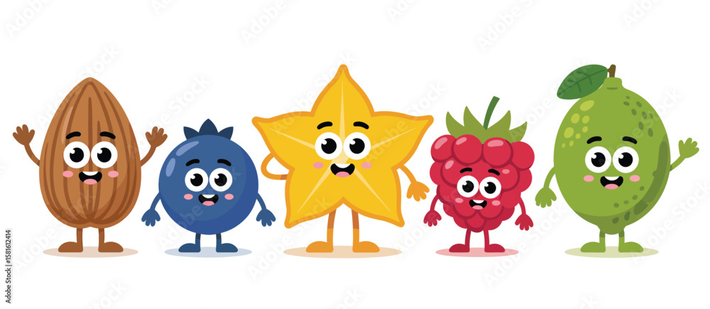Fototapeta premium Cute anthropomorphic cartoon fruits and nuts characters standing together happily