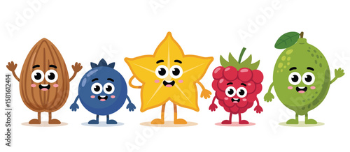 Cute anthropomorphic cartoon fruits and nuts characters standing together happily