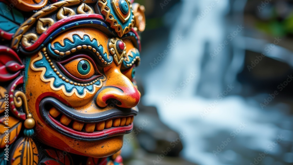 Vibrant statue with intricate details stands near serene waterfall in indigenous territory, showcasing cultural artistry and natural beauty Vibrant statue with intricate details stands near serene waterfall in indigenous territory, showcasing cultural artistry and natural beauty