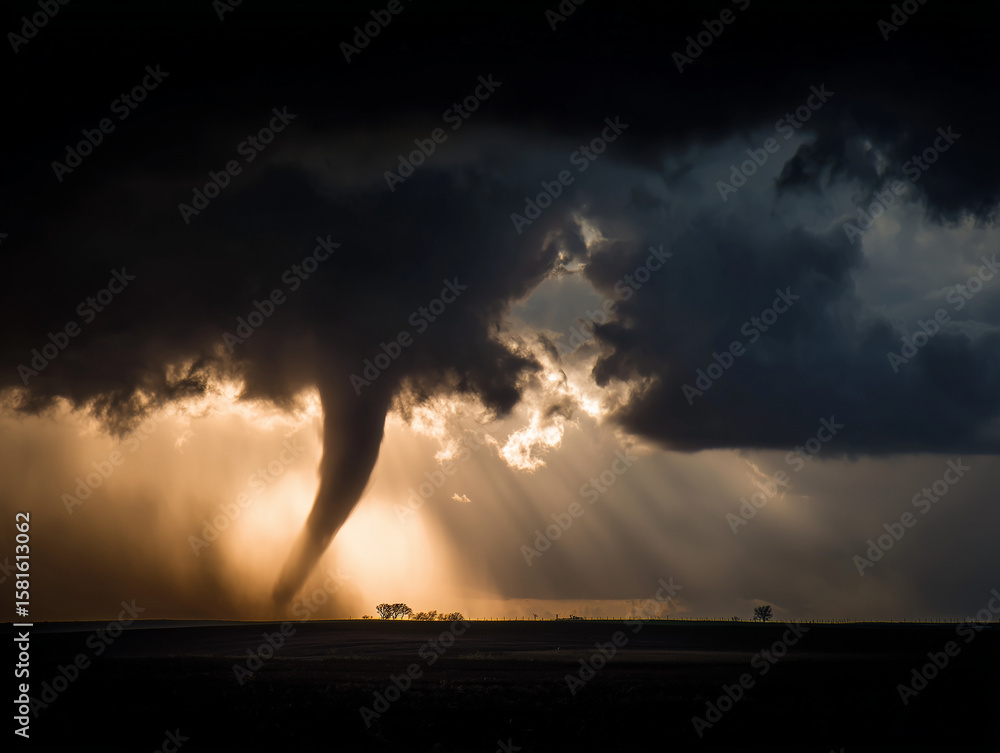 Obraz premium Experience Dramatic Contrast of a Sunlit Tornado Against a Dark Stormy Sky Weather Photography Inspiration