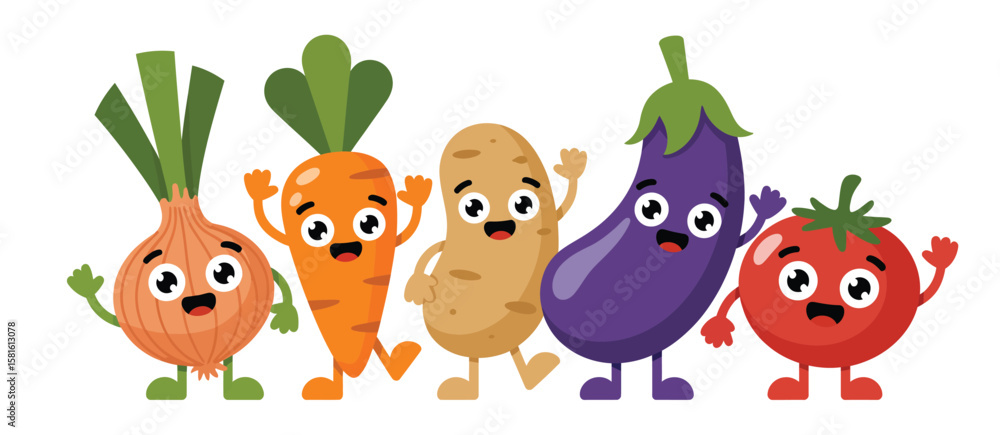 Naklejka premium Cute cartoon vegetables waving and smiling together