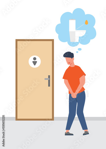 Men waiting at the door of a toilet because they want to pee. Vector illustration stock Illustration