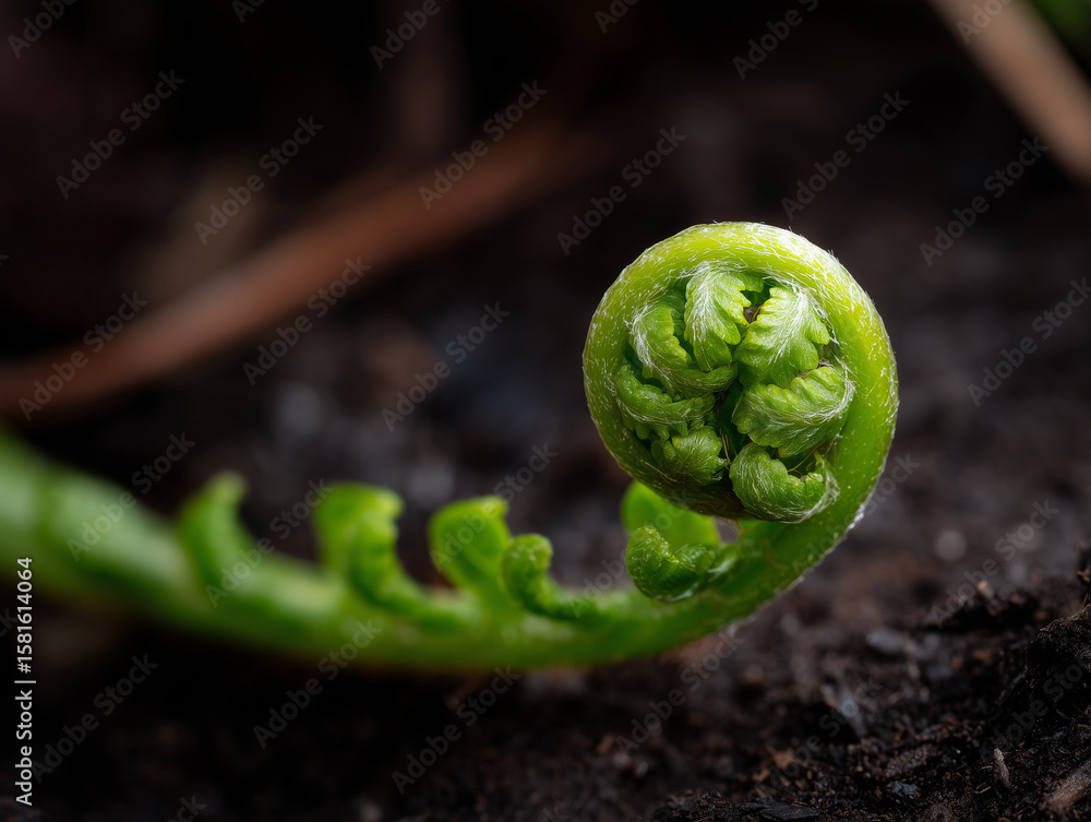 Fototapeta premium Explore Nature’s Intricacy through Macro Photography of a Vibrant Spiral Fern Frond Unfurling into Life
