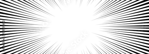 Comic speed line background. Cartoon book explosion effect. Black and white radial pattern frame. Pop art flash beams or rays. Manga or anime sun burst wallpaper. Vector superhero impact backdrop