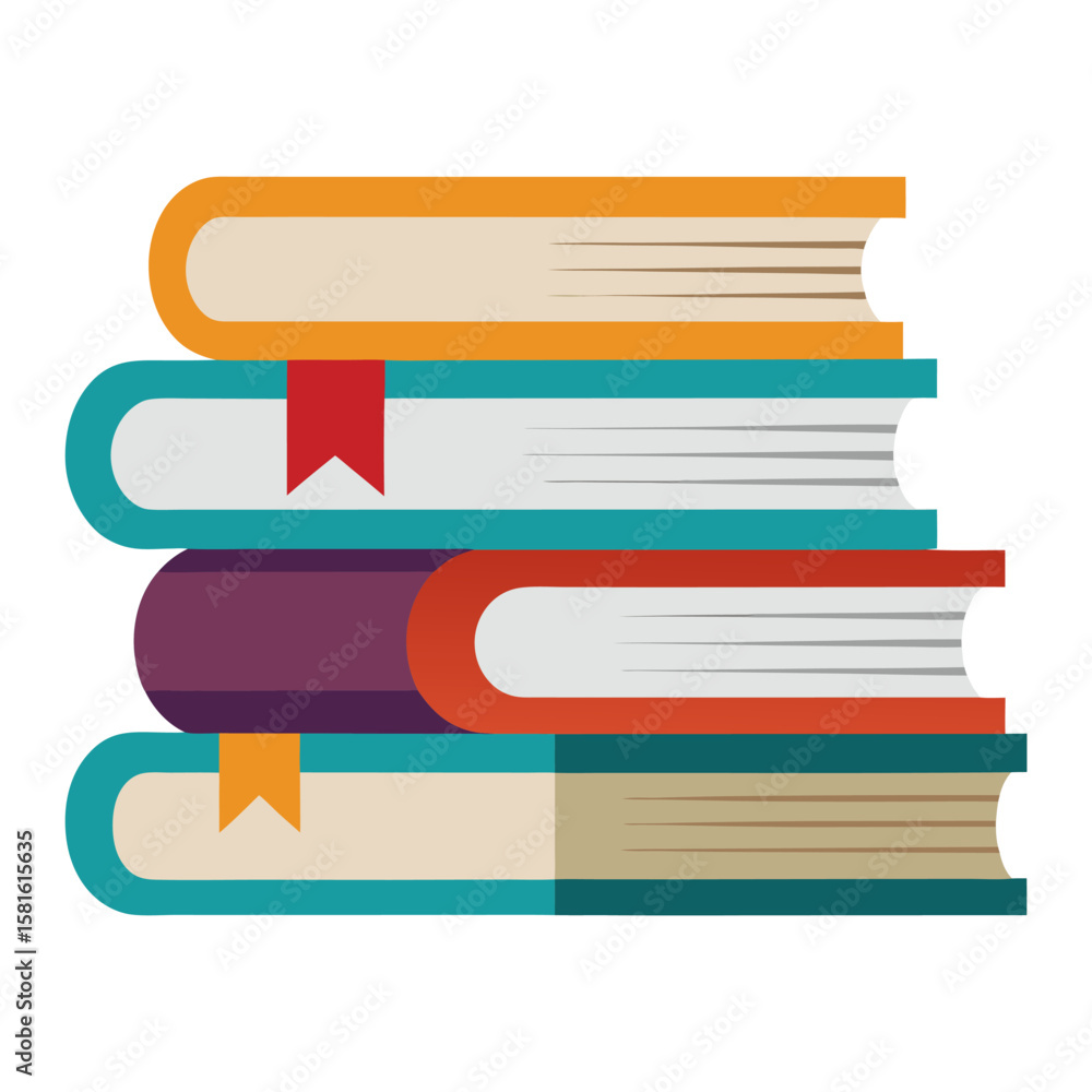 A stack of four colorful books with distinct spines and some with bookmarks, depicted in a flat design style. A stack of four colorful books with distinct spines and some with bookmarks, depicted in a flat design style.
