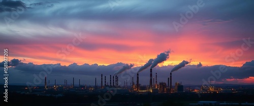 Wallpaper Mural Dusk illuminates a sprawling industrial complex, smokestacks billowing against a moody sky,  sky,  silhouette Torontodigital.ca