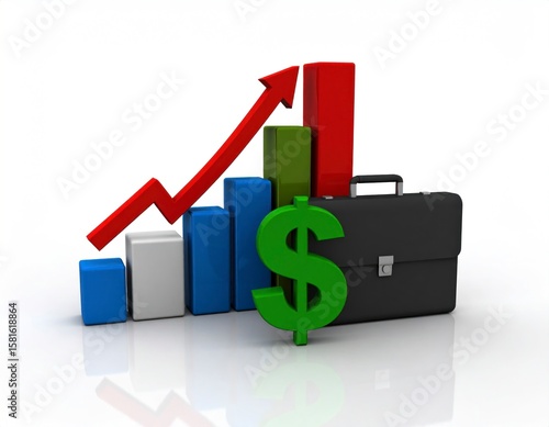Colorful 3D Bar Chart Rising Arrow And Briefcase Financial Growth Representation On White Background Isolated Background