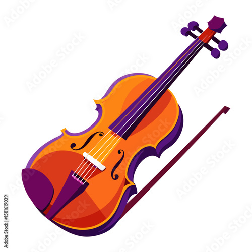 A vibrantly colored, stylized illustration of a violin with an accompanying bow, featuring shades of orange, red, and purple.