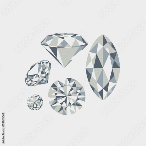 Collection of five faceted diamonds in various cuts on a light gray background