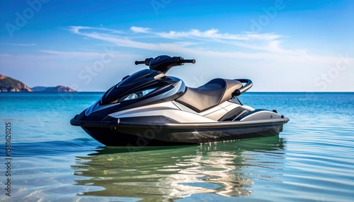HD photo of a jet ski floating idle in the still ocean, surrounded by calm blue water and clear sky, peaceful and minimalistic composition